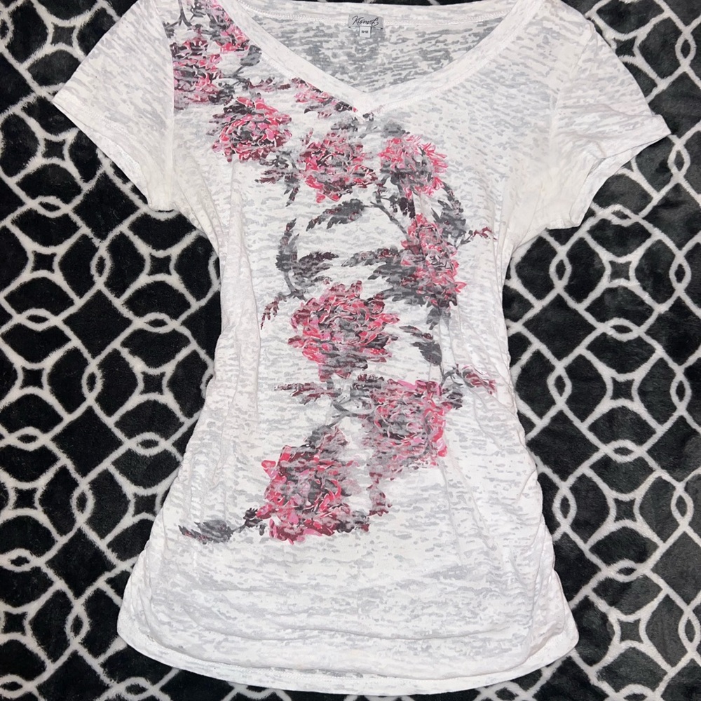 2000s Sheer Kismet White Floral Short Sleeve Top